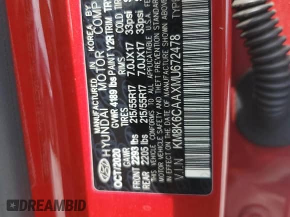 2021 Hyundai Kona SEL Plus with VIN KM8K6CAAXMU672478, listed as a Copart auction lot 68624495 with 49,985 mi miles and Salvage title. Bid and sale history available at DreamBid. Image 13.