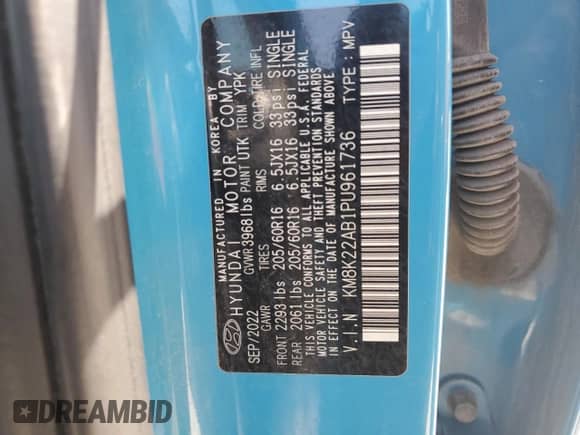 2023 Hyundai Kona SE with VIN KM8K22AB1PU961736, listed as a Copart auction lot 67800845 with 140,795 mi miles and Salvage title. Bid and sale history available at DreamBid. Image 12.