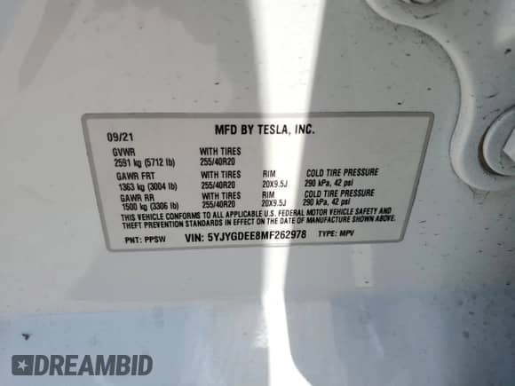 2021 Tesla Model Y Long Range с VIN 5YJYGDEE8MF262978, выставлен на аукционе Copart как лот 65747354 с пробегом 36 710 миль миль и Списание • Salvage title. История ставок и продаж доступна на DreamBid. Изображение 15.