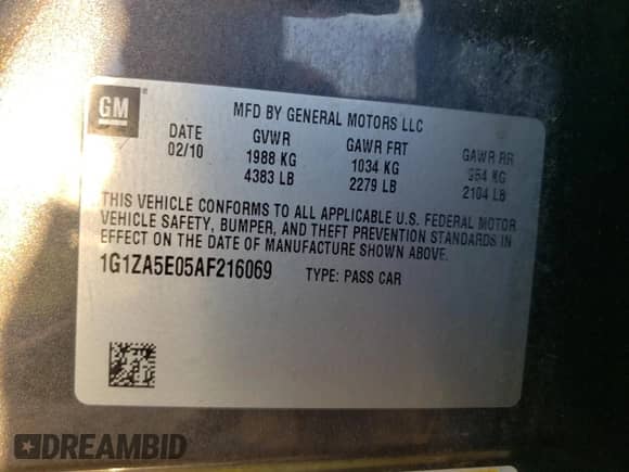 2010 Chevrolet Malibu 1FL z VIN 1G1ZA5E05AF216069, wystawiony jako Copart lot #85259505 z przebiegiem 81 320 mil mil oraz Szkoda całkowita • Salvage title. Historia ofert i sprzedaży dostępna na DreamBid. Obrazek 12.