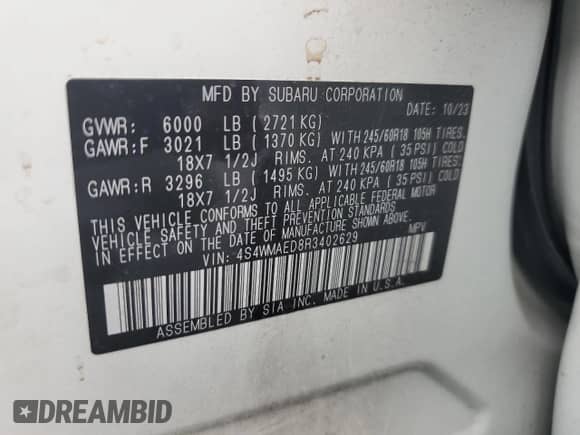 2024 Subaru Ascent Premium с VIN 4S4WMAED8R3402629, выставлен на аукционе Copart как лот 64260785 с пробегом 56 390 миль миль и Списание • Salvage title. История ставок и продаж доступна на DreamBid. Изображение 13.