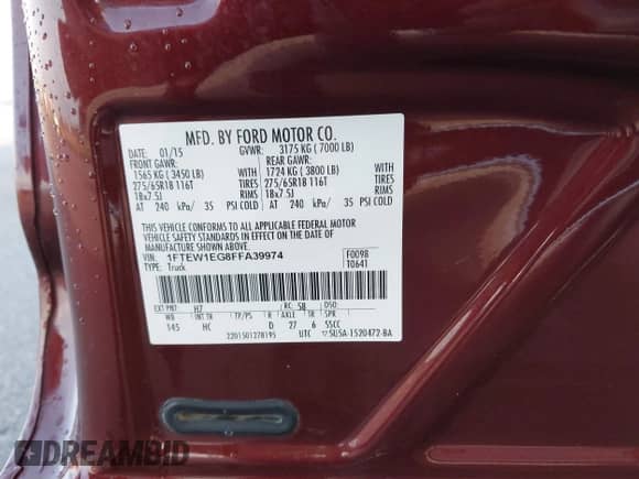 2015 Ford F-150 XLT with VIN 1FTEW1EG8FFA39974, listed as a IAAI auction lot 43266220 with 127,375 mi miles and . Bid and sale history available at DreamBid. Image 9.