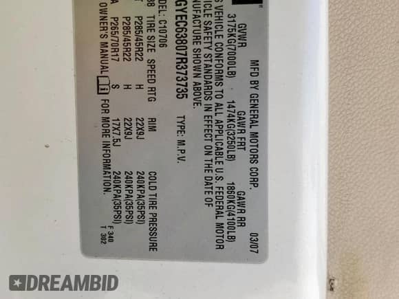 2007 Cadillac Escalade with VIN 1GYEC63807R373735, listed as a Copart auction lot 70743775 with 153,729 mi miles and Clean title. Bid and sale history available at DreamBid. Image 13.