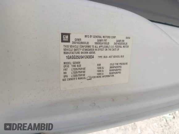 2004 Chevrolet Express с VIN 1GAGG25U941243834, выставлен на аукционе IAAI как лот 43240890 с пробегом 130 420 миль миль и . История ставок и продаж доступна на DreamBid. Изображение 9.