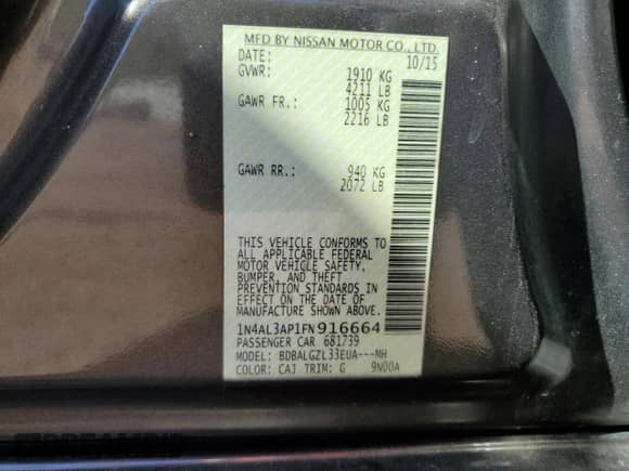 2015 Nissan Altima SL with VIN 1N4AL3AP1FN916664, listed as a Copart auction lot 87281935 with 142,948 mi miles and Salvage title. Bid and sale history available at DreamBid. Image 13.