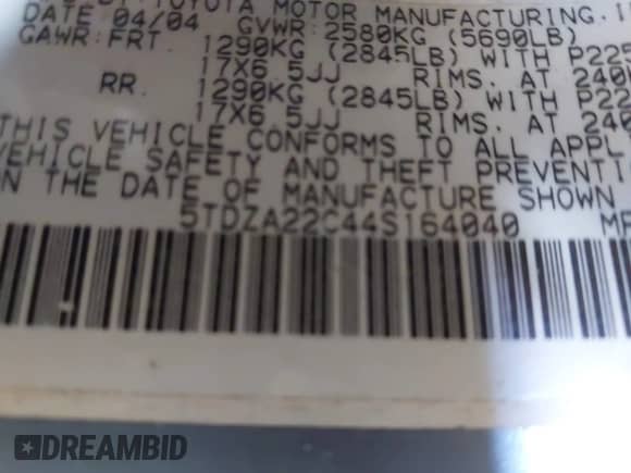 2004 Toyota Sienna XLE z VIN 5TDZA22C44S164040, wystawiony jako IAAI lot #42823793 z przebiegiem 278 404 mil mil oraz . Historia ofert i sprzedaży dostępna na DreamBid. Obrazek 9.