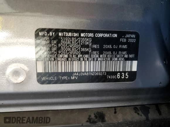 2022 Mitsubishi Outlander SEL с VIN JA4J3VA81NZ069273, выставлен на аукционе Copart как лот 86118375 с пробегом 70 822 миль миль и Списание • Salvage title. История ставок и продаж доступна на DreamBid. Изображение 13.