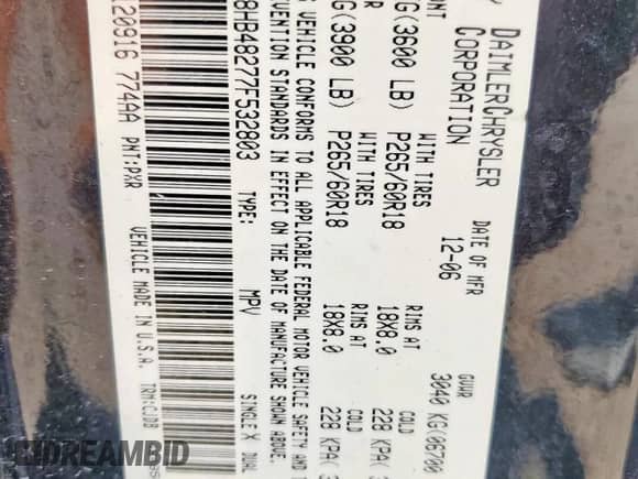 2007 Dodge Durango SLT with VIN 1D8HB48277F532803, listed as a Copart auction lot 84757655 with 162,758 mi miles and Salvage title. Bid and sale history available at DreamBid. Image 13.