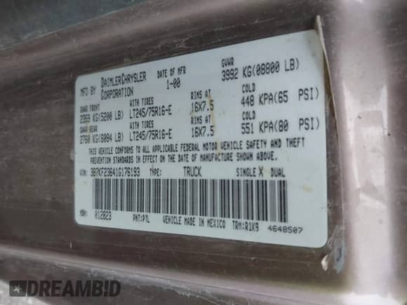 2001 Dodge 2500 с VIN 3B7KF23641G176193, выставлен на аукционе IAAI как лот 43188312 с пробегом Не указан миль и . История ставок и продаж доступна на DreamBid. Изображение 9.