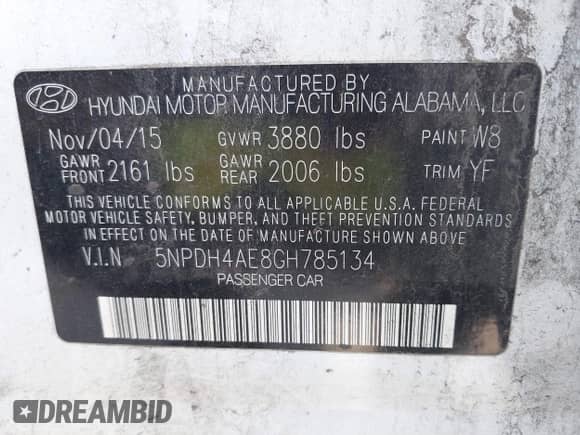 2016 Hyundai Elantra SE with VIN 5NPDH4AE8GH785134, listed as a IAAI auction lot 43253840 with 109,069 mi miles and . Bid and sale history available at DreamBid. Image 9.