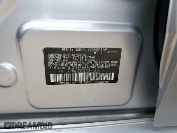 2020 Subaru WRX Premium with VIN JF1VA1C62L9822829, listed as a Copart auction lot 53963405 with Not provided miles and Salvage title. Bid and sale history available at DreamBid. Image 12.