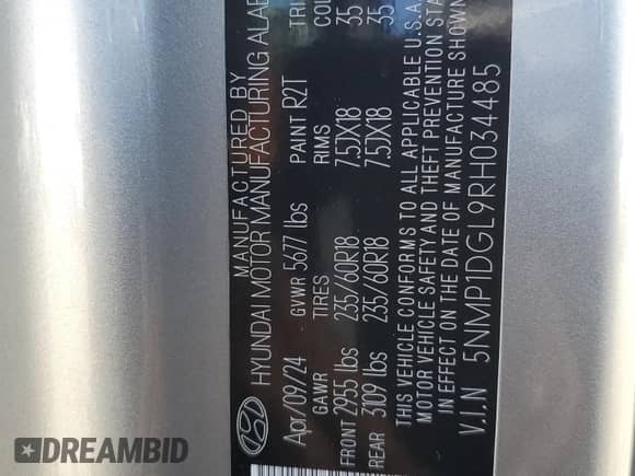 2024 Hyundai Santa Fe SE с VIN 5NMP1DGL9RH034485, выставлен на аукционе Copart как лот 71975595 с пробегом 12 343 миль миль и Списание • Salvage title. История ставок и продаж доступна на DreamBid. Изображение 13.