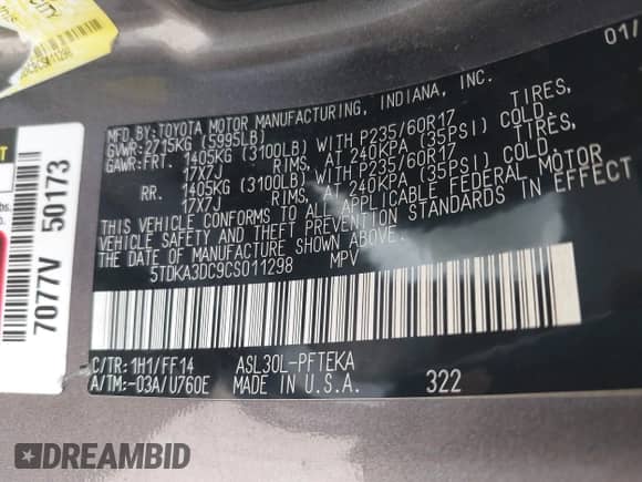 2012 Toyota Sienna с VIN 5TDKA3DC9CS011298, выставлен на аукционе IAAI как лот 41843980 с пробегом 158 787 миль миль и . История ставок и продаж доступна на DreamBid. Изображение 9.