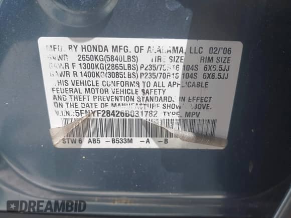 2006 Honda Pilot EX with VIN 5FNYF28426B031782, listed as a IAAI auction lot 42972105 with 207,318 mi miles and . Bid and sale history available at DreamBid. Image 9.