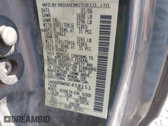 2006 Nissan Frontier SE с VIN 1N6AD06W66C458151, выставлен на аукционе IAAI как лот 43213843 с пробегом 234 014 миль миль и . История ставок и продаж доступна на DreamBid. Изображение 9.