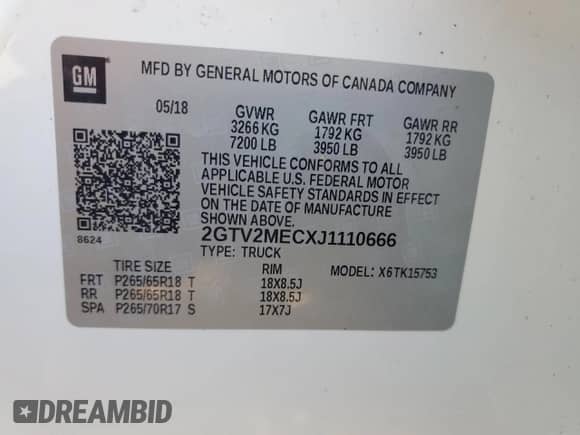 2018 GMC Sierra 1500 SLE z VIN 2GTV2MECXJ1110666, wystawiony jako Copart lot #65382475 z przebiegiem Nie podano mil oraz Czysty tytuł • Clean title. Historia ofert i sprzedaży dostępna na DreamBid. Obrazek 13.