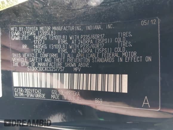 2012 Toyota Sienna LE AAS with VIN 5TDKK3DCXCS257757, listed as a IAAI auction lot 42850535 with 196,046 mi miles and . Bid and sale history available at DreamBid. Image 9.