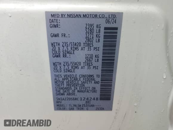 2024 Nissan Murano Platinum with VIN 5N1AZ2DS6RC124248, listed as a Copart auction lot 57577895 with 4,779 mi miles and Salvage title. Bid and sale history available at DreamBid. Image 12.