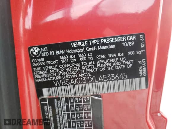 1990 BMW M3 с VIN WBSAK031XLAE33645, выставлен на аукционе Copart как лот 69832174 с пробегом 174 343 миль миль и Списание • Salvage title. История ставок и продаж доступна на DreamBid. Изображение 12.