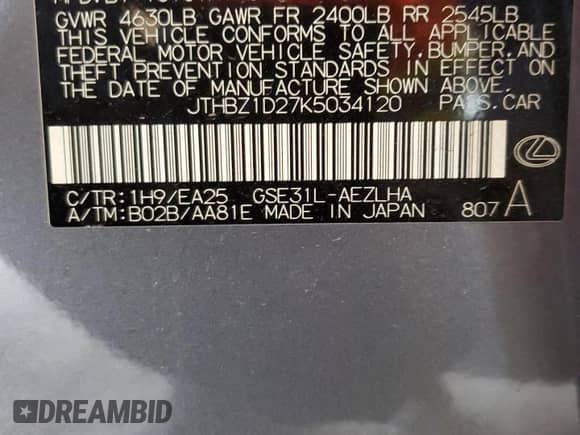 2019 Lexus IS 350 с VIN JTHBZ1D27K5034120, выставлен на аукционе Copart как лот 60508895 с пробегом 69 732 миль миль и Списание • Salvage title. История ставок и продаж доступна на DreamBid. Изображение 13.