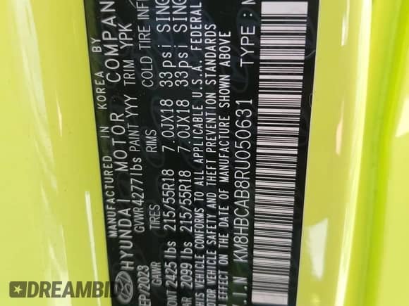 2024 Hyundai Kona SEL with VIN KM8HBCAB8RU050631, listed as a Copart auction lot 40821534 with 2,490 mi miles and Salvage title. Bid and sale history available at DreamBid. Image 12.