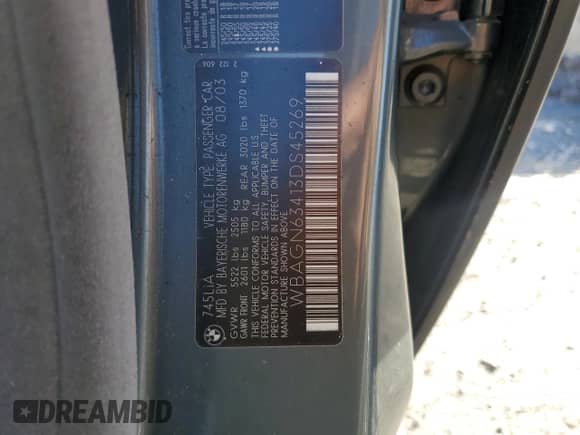 2003 BMW 7 Series 745Li with VIN WBAGN63413DS45269, listed as a Copart auction lot 80987154 with 80,882 mi miles and Salvage title. Bid and sale history available at DreamBid. Image 12.