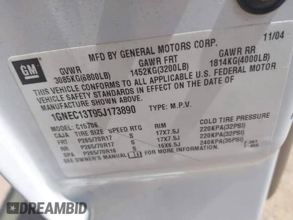 2005 Chevrolet Tahoe LS с VIN 1GNEC13T95J173890, выставлен на аукционе IAAI как лот 42803567 с пробегом 175 115 миль миль и . История ставок и продаж доступна на DreamBid. Изображение 9.