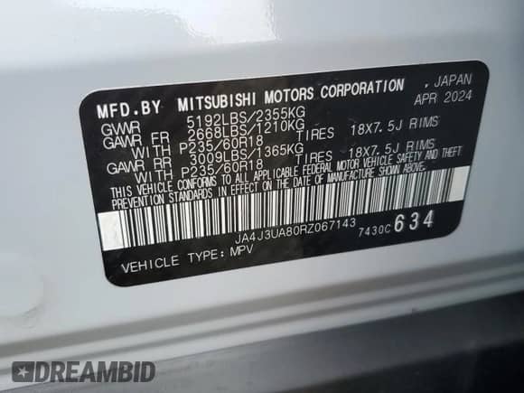 2024 Mitsubishi Outlander ES with VIN JA4J3UA80RZ067143, listed as a Copart auction lot 58398165 with 22,518 mi miles and Salvage title. Bid and sale history available at DreamBid. Image 14.