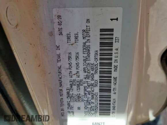 2020 Toyota Tacoma SR с VIN 5TFRX5GN1LX181431, выставлен на аукционе Copart как лот 71834005 с пробегом 151 040 миль миль и Списание • Salvage title. История ставок и продаж доступна на DreamBid. Изображение 12.