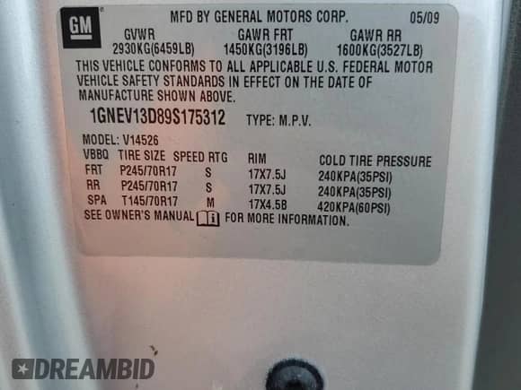 2009 Chevrolet Traverse LS z VIN 1GNEV13D89S175312, wystawiony jako Copart lot #63101105 z przebiegiem 208 709 mil mil oraz Szkoda całkowita • Salvage title. Historia ofert i sprzedaży dostępna na DreamBid. Obrazek 13.