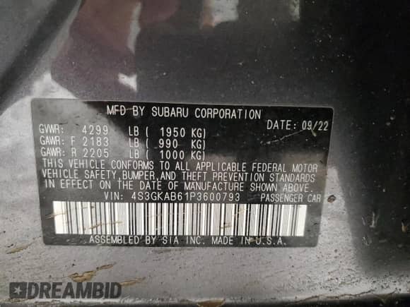 2023 Subaru Impreza with VIN 4S3GKAB61P3600793, listed as a Copart auction lot 89124275 with Not provided miles and Salvage title. Bid and sale history available at DreamBid. Image 13.