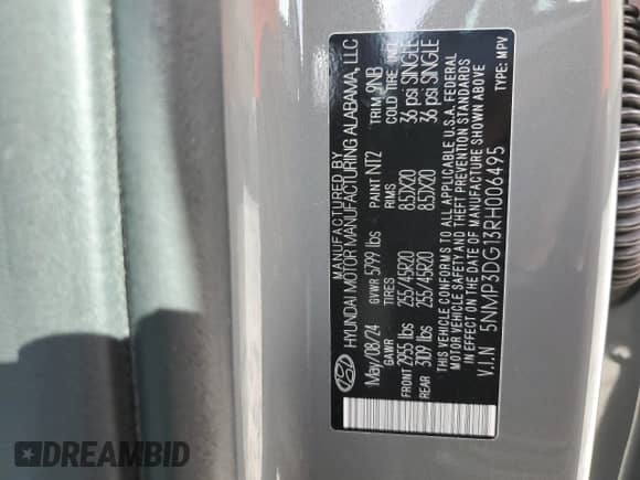 2024 Hyundai Santa Fe Limited с VIN 5NMP3DG13RH006495, выставлен на аукционе Copart как лот 77326324 с пробегом 7 571 миль миль и Списание • Salvage title. История ставок и продаж доступна на DreamBid. Изображение 15.