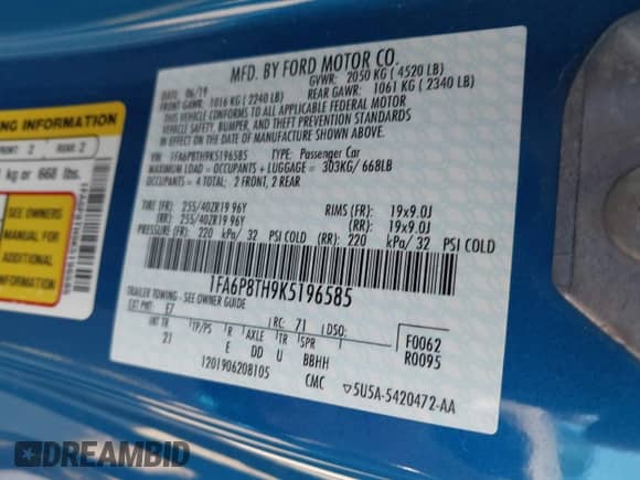 2019 Ford Mustang EcoBoost with VIN 1FA6P8TH9K5196585, listed as a IAAI auction lot 43330430 with 80,672 mi miles and . Bid and sale history available at DreamBid. Image 9.