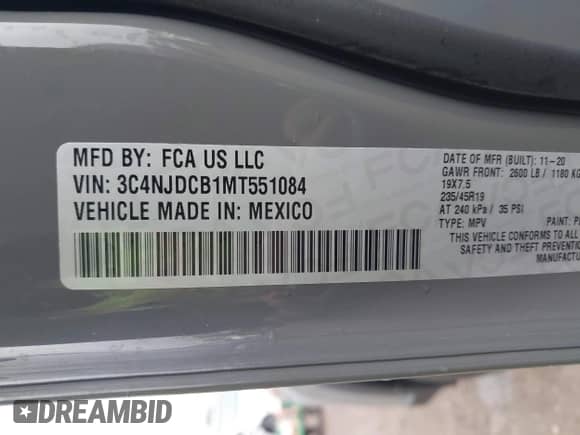 2021 Jeep Compass Limited with VIN 3C4NJDCB1MT551084, listed as a IAAI auction lot 43269626 with 87,955 mi miles and . Bid and sale history available at DreamBid. Image 9.