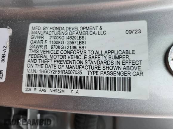 2024 Honda Accord Sport with VIN 1HGCY2F51RA007035, listed as a Copart auction lot 71218005 with 40,917 mi miles and Salvage title. Bid and sale history available at DreamBid. Image 12.
