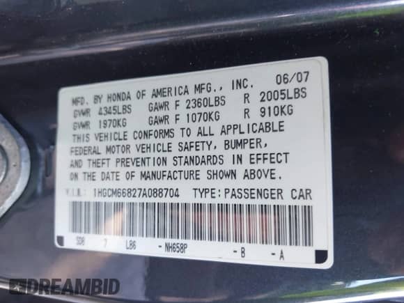 2007 Honda Accord EX-L with VIN 1HGCM66827A088704, listed as a IAAI auction lot 43132812 with 181,030 mi miles and . Bid and sale history available at DreamBid. Image 9.