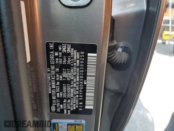 2018 Kia Sorento LX with VIN 5XYPGDA58JG369258, listed as a Copart auction lot 65986855 with 134,489 mi miles and Salvage title. Bid and sale history available at DreamBid. Image 13.