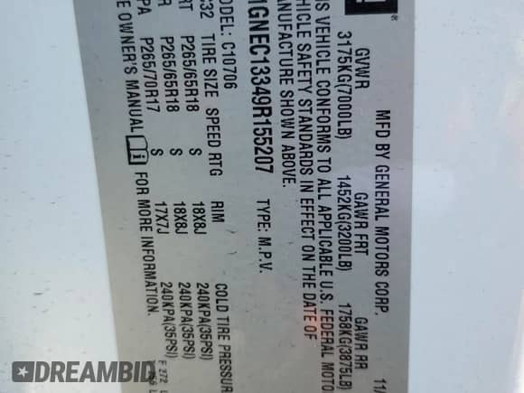 2009 Chevrolet Tahoe LS z VIN 1GNEC13349R155207, wystawiony jako Copart lot #67845635 z przebiegiem 65 282 mil mil oraz Szkoda całkowita • Salvage title. Historia ofert i sprzedaży dostępna na DreamBid. Obrazek 13.