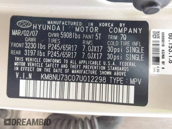 2007 Hyundai Veracruz GLS z VIN KM8NU73C07U012298, wystawiony jako IAAI lot #42098998 z przebiegiem 151 228 mil mil oraz . Historia ofert i sprzedaży dostępna na DreamBid. Obrazek 9.