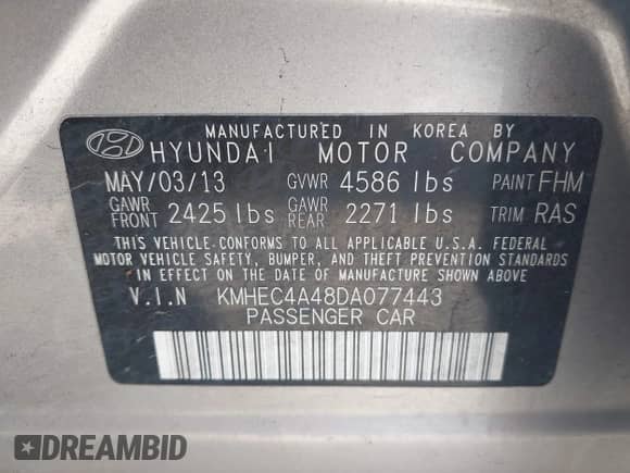 2013 Hyundai Sonata with VIN KMHEC4A48DA077443, listed as a IAAI auction lot 42610570 with 132,353 mi miles and . Bid and sale history available at DreamBid. Image 9.