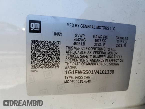 2022 Chevrolet Bolt EV 1LT с VIN 1G1FW6S01N4101338, выставлен на аукционе Copart как лот 65924505 с пробегом 44 759 миль миль и Списание • Salvage title. История ставок и продаж доступна на DreamBid. Изображение 12.