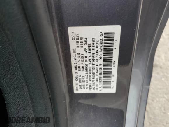 2014 Honda Accord LX-S with VIN 1HGCT1B39EA008974, listed as a Copart auction lot 82713755 with 294,831 mi miles and Clean title. Bid and sale history available at DreamBid. Image 12.