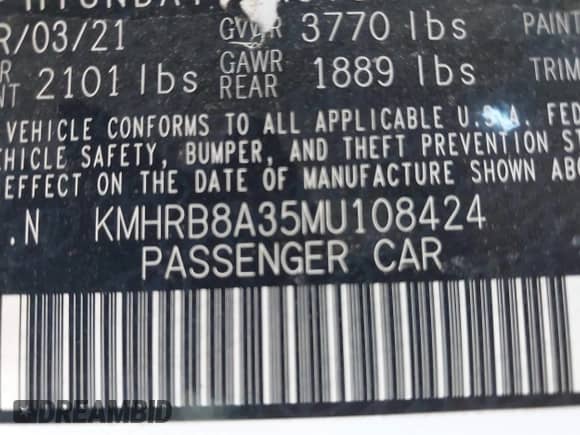 2021 Hyundai Venue SE z VIN KMHRB8A35MU108424, wystawiony jako IAAI lot #43027062 z przebiegiem 66 689 mil mil oraz . Historia ofert i sprzedaży dostępna na DreamBid. Obrazek 9.