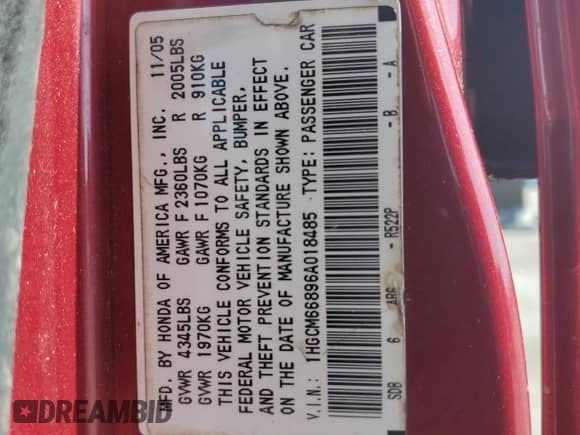 2006 Honda Accord EX-L z VIN 1HGCM66896A018485, wystawiony jako Copart lot #61642545 z przebiegiem 347 087 mil mil oraz Czysty tytuł • Clean title. Historia ofert i sprzedaży dostępna na DreamBid. Obrazek 12.