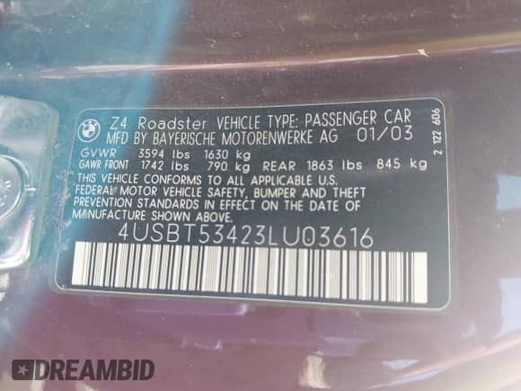 2003 BMW Z4 3.0i with VIN 4USBT53423LU03616, listed as a IAAI auction lot 42776260 with 164,284 mi miles and . Bid and sale history available at DreamBid. Image 9.