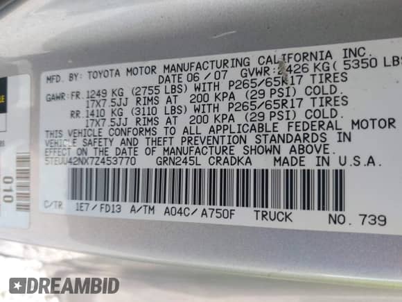 2007 Toyota Tacoma with VIN 5TEUU42NX7Z453770, listed as a IAAI auction lot 43338837 with 215,757 mi miles and . Bid and sale history available at DreamBid. Image 9.
