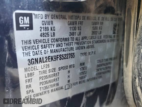 2015 Chevrolet Captiva Sport LS with VIN 3GNAL2EK9FS522765, listed as a Copart auction lot 56231345 with 151,281 mi miles and Salvage title. Bid and sale history available at DreamBid. Image 13.