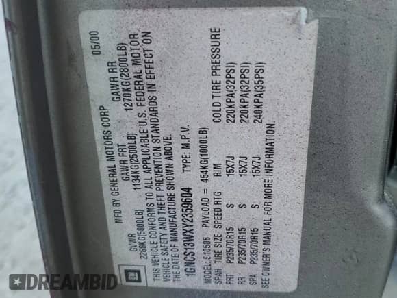 2000 Chevrolet Blazer LT with VIN 1GNCS13WXY2359604, listed as a Copart auction lot 51318755 with 190,803 mi miles and Clean title. Bid and sale history available at DreamBid. Image 15.