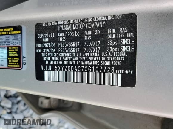 2012 Hyundai Santa Fe GLS с VIN 5XYZGDAG7CG107728, выставлен на аукционе Copart как лот 80083285 с пробегом 154 698 миль миль и Чистый • Clean title. История ставок и продаж доступна на DreamBid. Изображение 13.