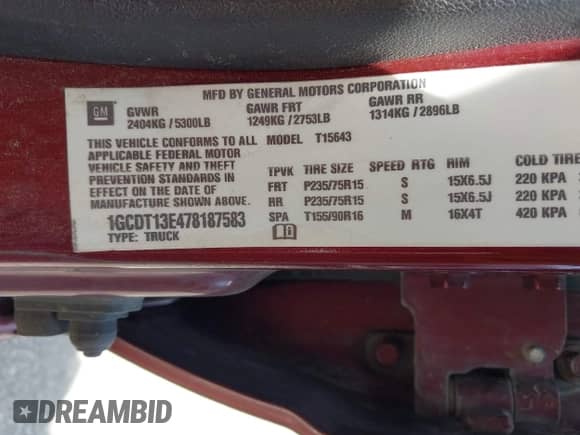 2007 Chevrolet Colorado 1LT with VIN 1GCDT13E478187583, listed as a IAAI auction lot 43145780 with 232,705 mi miles and . Bid and sale history available at DreamBid. Image 9.